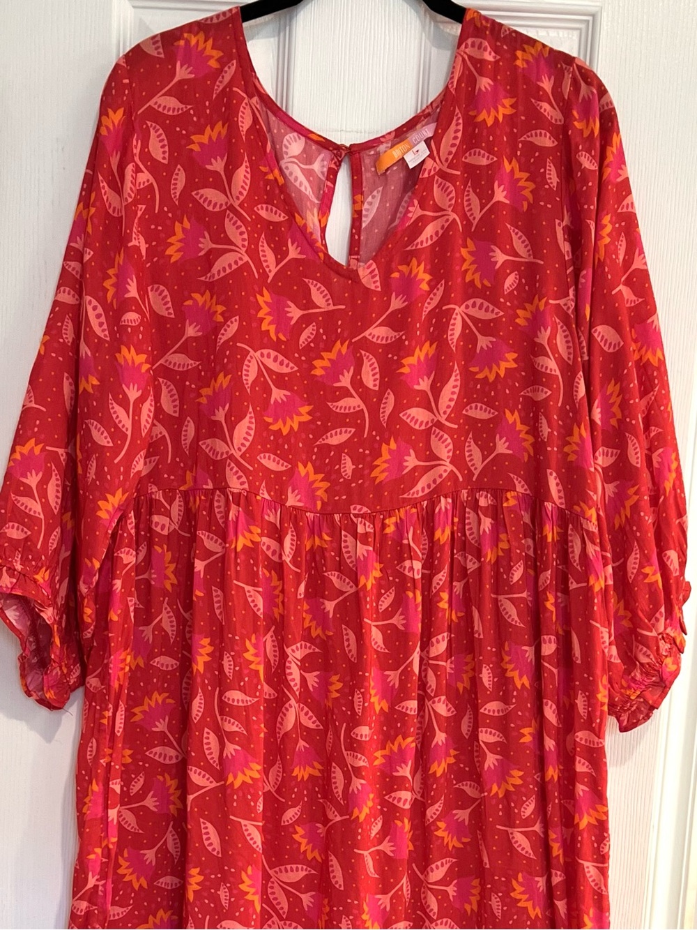Briton Court Red Floral Maxi Dress with Pink and Orange Leaf Print Large Modal - Picture 2 of 6